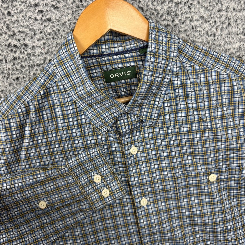 Orvis Shirt Mens Large Blue Plaid Button Up Stretch Performance Long Sleeve